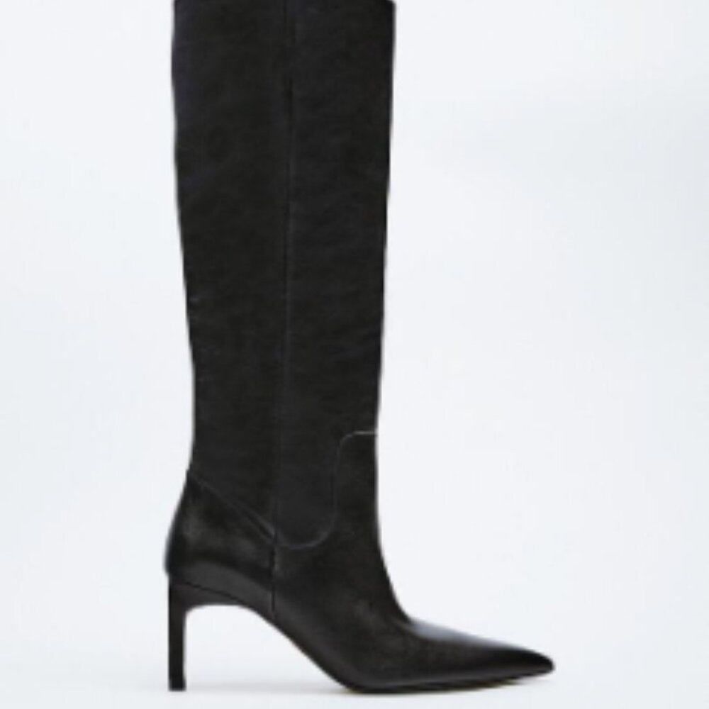 Zara - Heeled Knee High Leather Boots